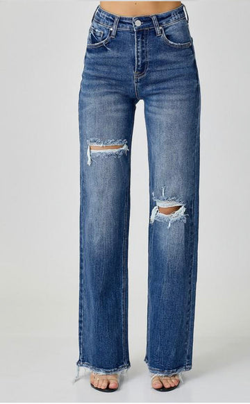 RISEN HIGH RISE RIPPED WIDE LEG JEANS