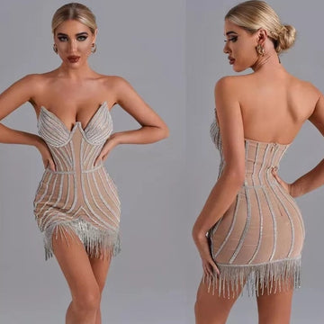 Irina- Luxe Embellished Nude Wired V Neck Bustier Tassel Mini Dress