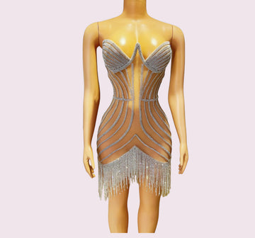 Irina- Luxe Embellished Nude Wired V Neck Bustier Tassel Mini Dress