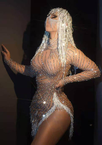 Paris Nights - Rhinestone Beaded Mesh Fringe Shimmery High Slit  Mini Dress