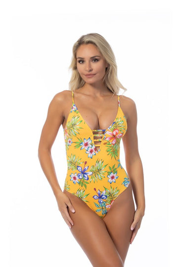 YELLOW ISLAND PRINT ONE PIECE SWIMSUIT