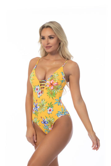 YELLOW ISLAND PRINT ONE PIECE SWIMSUIT