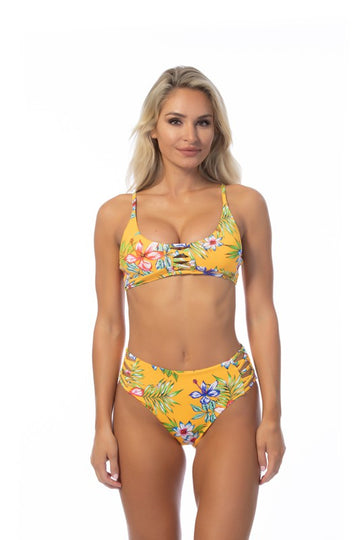 YELLOW ISLAND PRINT HIGH WAIST BIKINI SET