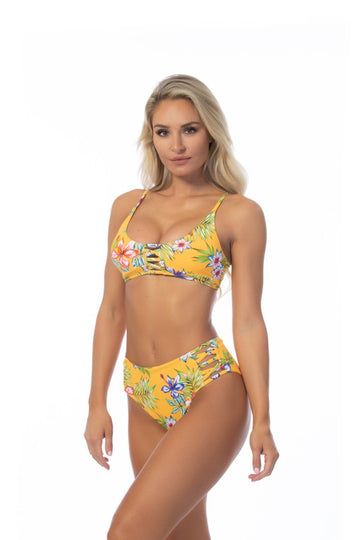 YELLOW ISLAND PRINT HIGH WAIST BIKINI SET