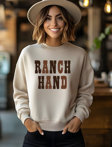 Brown Colorful Ranch Hand Graphic Crew Sweatshirt