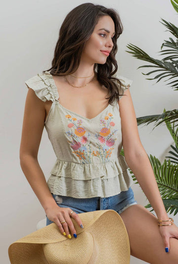 Blu Pepper Floral Embroidered Sage Tiered Top