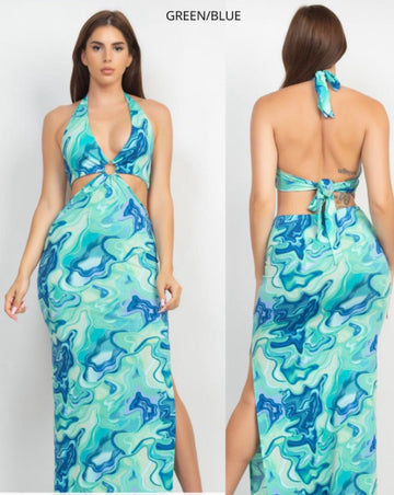 Sadie- Green/Blue Halter Back Tie Cut Out Maxi Dress
