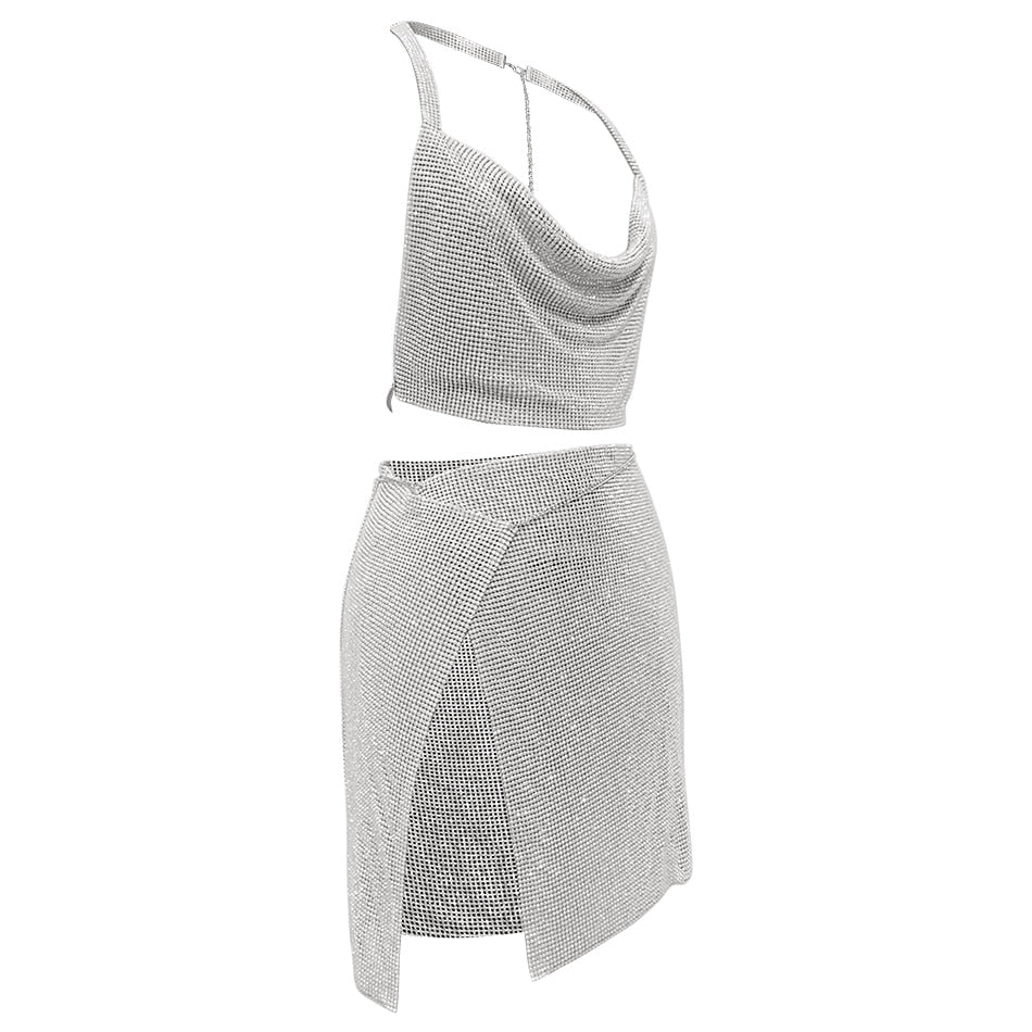 Tropez - Rhinestone Crystal Mesh Halter Crop Top Wrap Mini Skirt Set