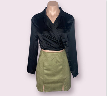 Charlotte- Olive Green Suede Double Slit Bodycon Mini Skirt