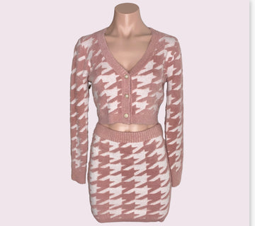 Zoey- Pink Cardigan Skirt Sweater Set