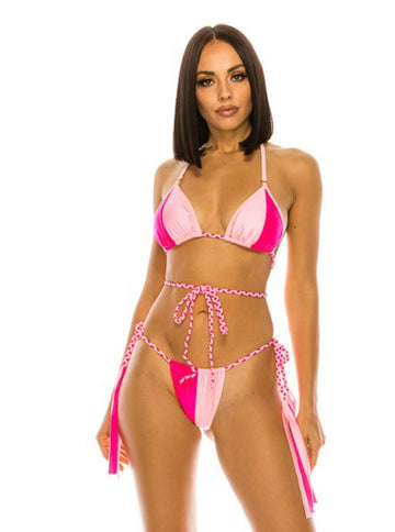 Miami- Mermaid Swimwear Hot Pink Color Block Tie-Up Bikini