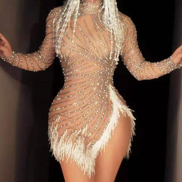 Paris Nights - Rhinestone Beaded Mesh Fringe Shimmery High Slit  Mini Dress